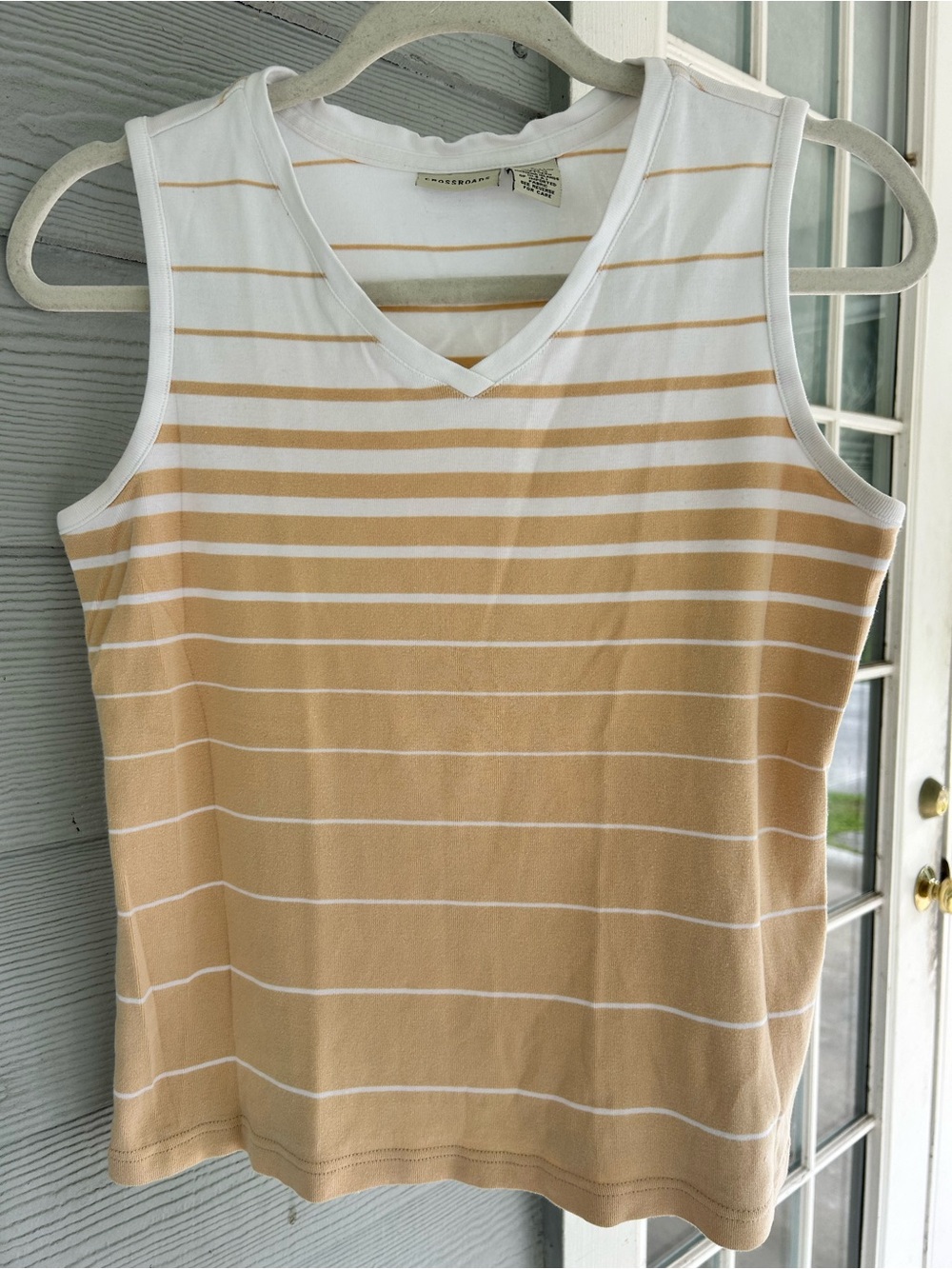 Vintage 90s Crossroads Striped Tank Top Small V-Neck Tan White Y2K Athleisure